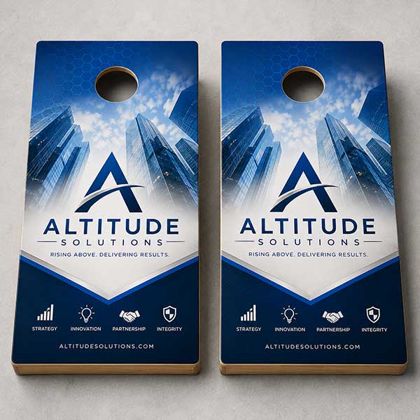 Two matching cornhole boards with a blue and white Altitude Solutions corporate graphic, photographed on a light neutral surface.