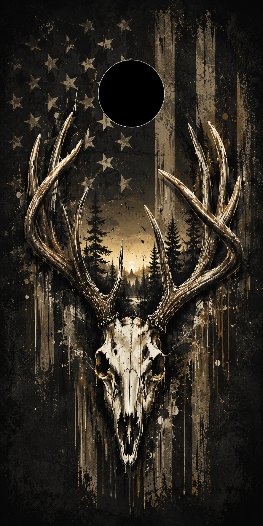 A rustic vertical wood sign or cornhole board design featuring a large deer skull with antlers in front of a distressed American flag and pine forest scene, with a black oval cutout near the top.