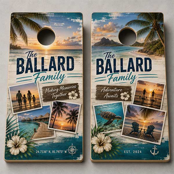 Two personalized cornhole boards with a tropical beach theme, featuring custom text 'The Ballard Family' and photo frames showing family memories, set against a neutral gray background.