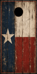 A rustic cornhole board featuring a distressed Texas flag design with a black circular hole near the top center.