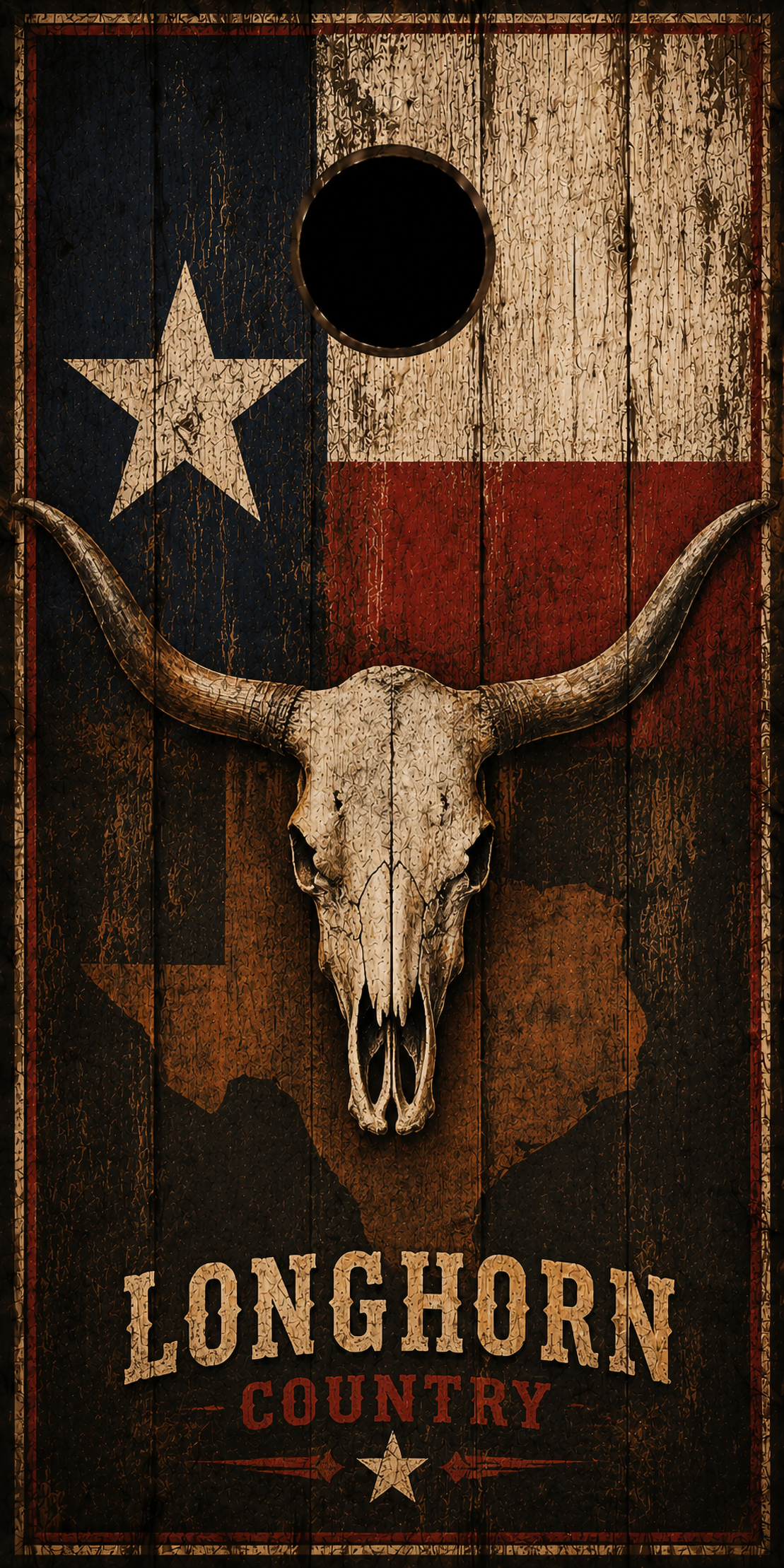 Rustic Texas longhorn-themed cornhole board with a distressed Texas flag, longhorn skull graphic, map silhouette, and 'LONGHORN COUNTRY' text.