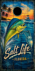 A rectangular decorative sign or print with a distressed wood texture, featuring a large jumping marlin over blue ocean water, a sunset sky with palm trees, a boat on the horizon, a Florida map outline, and the text 'Salt Life Florida' with a circular black hole near the top.