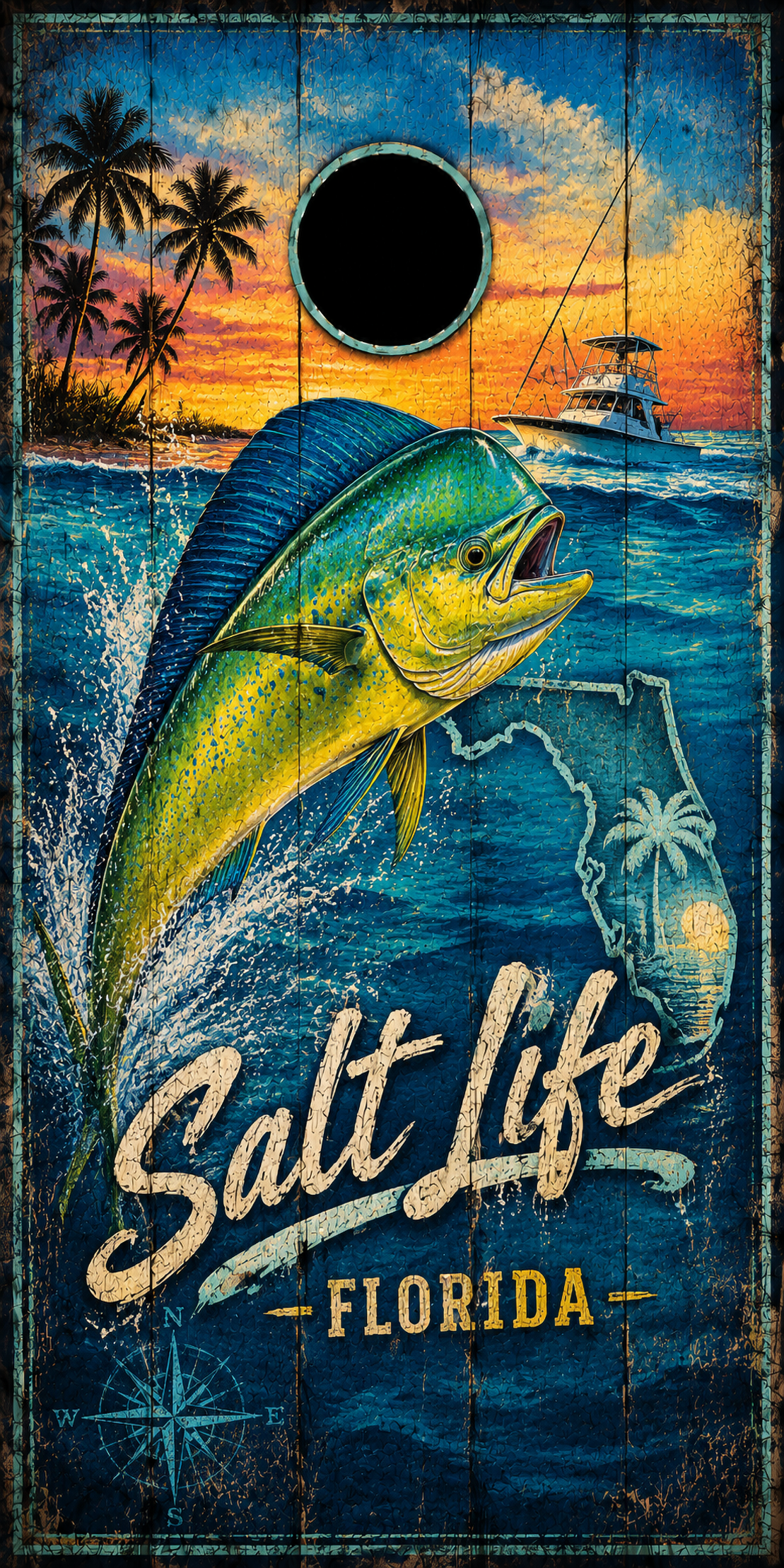 A rectangular decorative sign or print with a distressed wood texture, featuring a large jumping marlin over blue ocean water, a sunset sky with palm trees, a boat on the horizon, a Florida map outline, and the text 'Salt Life Florida' with a circular black hole near the top.