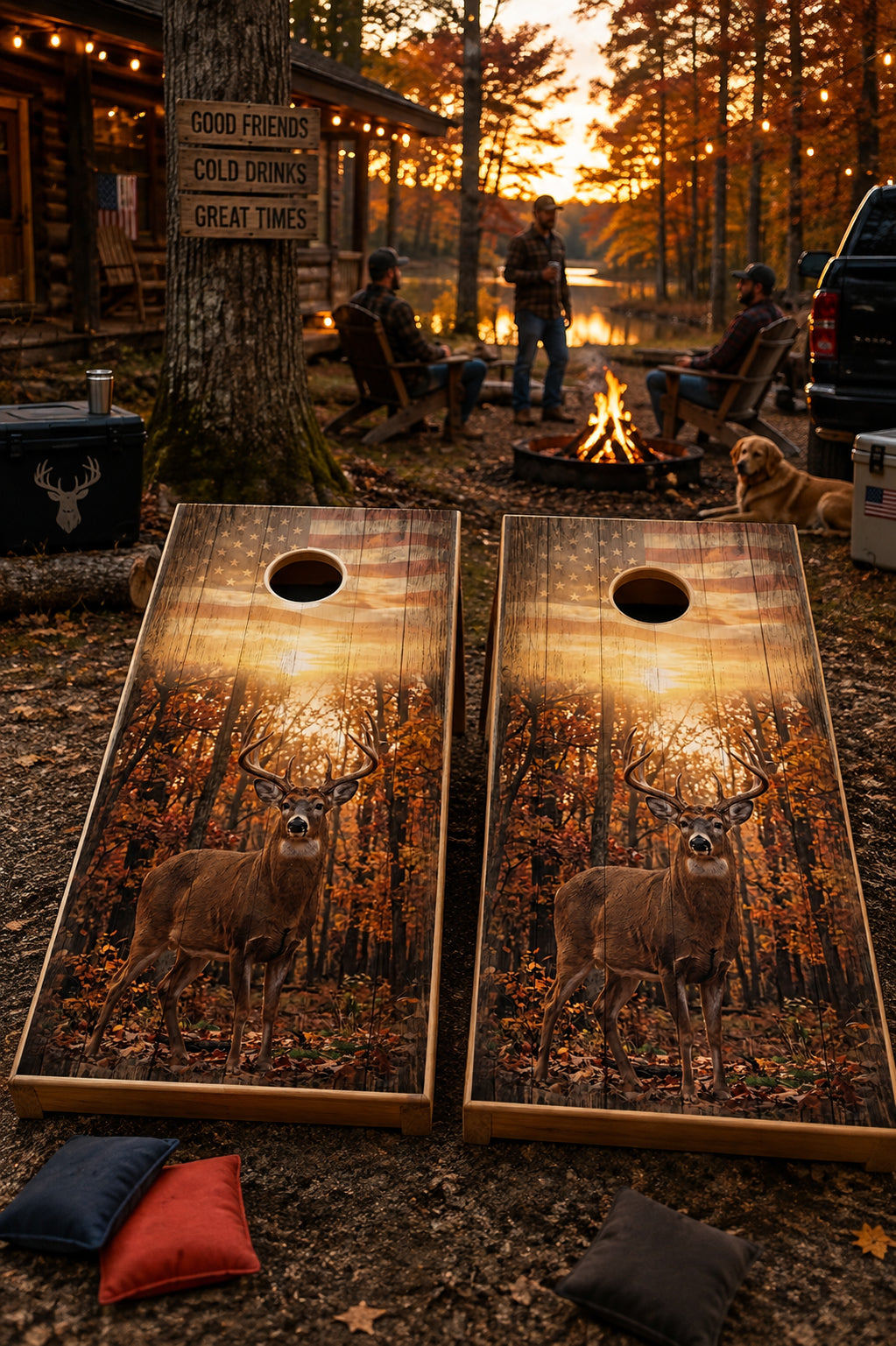 Two cornhole boards with a rustic forest and deer print are set up outdoors at a campsite during sunset, with people and a fire pit in the background.