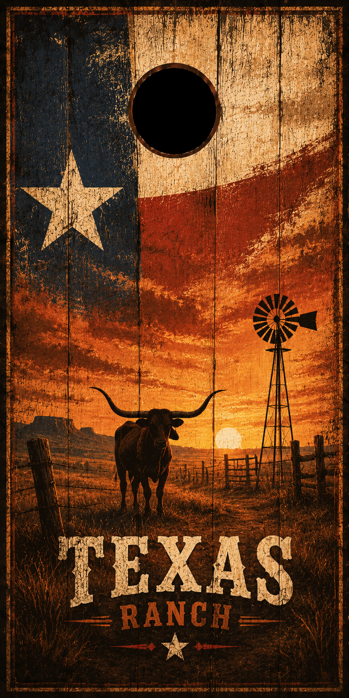 Texas Ranch themed cornhole board featuring a rustic distressed design with the Texas flag, a longhorn steer silhouette, a windmill, and 'TEXAS RANCH' text at the bottom.