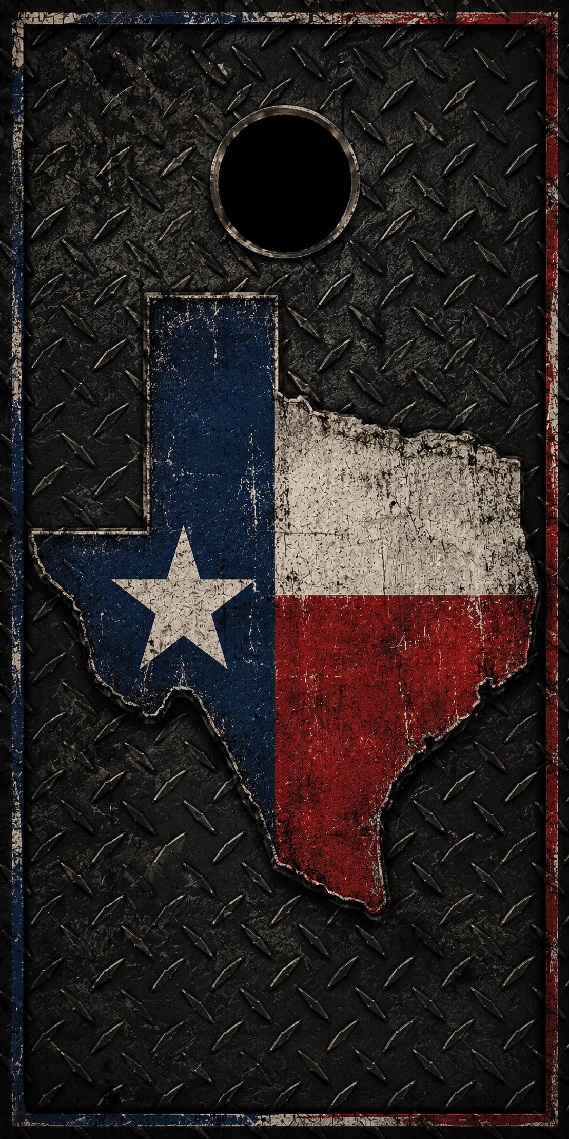 A rectangular cornhole board with a distressed Texas flag design in the shape of Texas, set on a dark diamond-plate textured background. A circular hole is cut near the top center.
