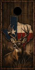 Texas-themed cornhole board with a distressed wood-grain finish, featuring a buck deer in the foreground and the state of Texas filled with the Texas flag behind it. A circular scoring hole is visible at the top.