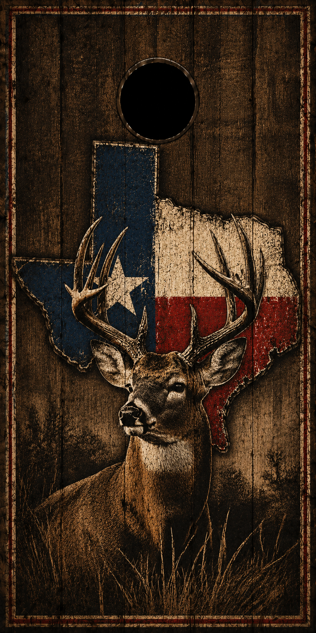 Texas-themed cornhole board with a distressed wood-grain finish, featuring a buck deer in the foreground and the state of Texas filled with the Texas flag behind it. A circular scoring hole is visible at the top.