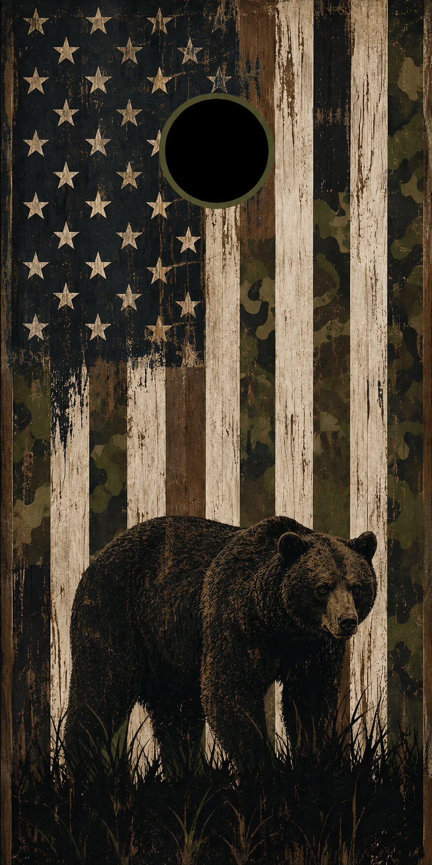 A rustic cornhole board featuring a distressed American flag design with a black bear walking through dark grass at the bottom. The board has a circular hole near the top center.