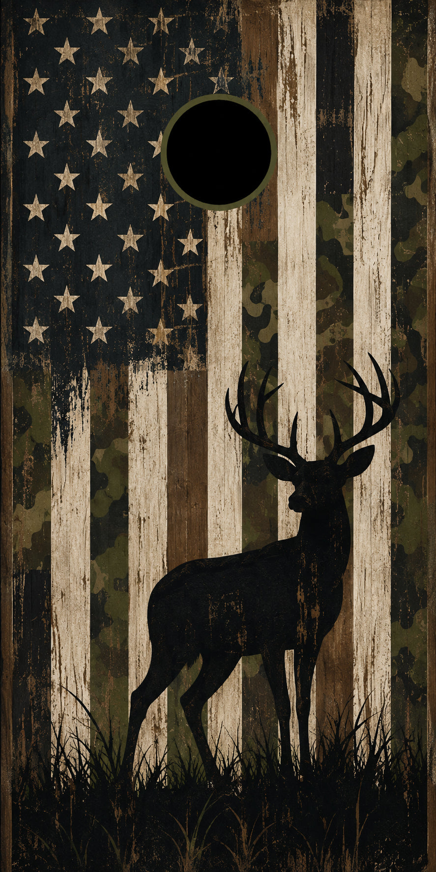 A rustic vertical wooden sign or panel featuring a distressed American flag with a camouflage pattern in the stars, a black deer silhouette, and a circular black hole cutout near the top center.