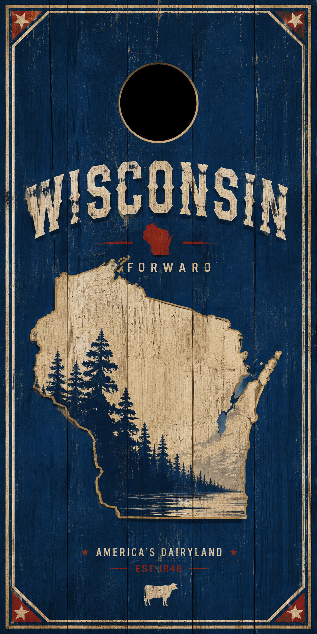 Wisconsin-themed cornhole board with a distressed blue wood-grain background, cream state silhouette, tree landscape illustration, and 'WISCONSIN FORWARD' text.