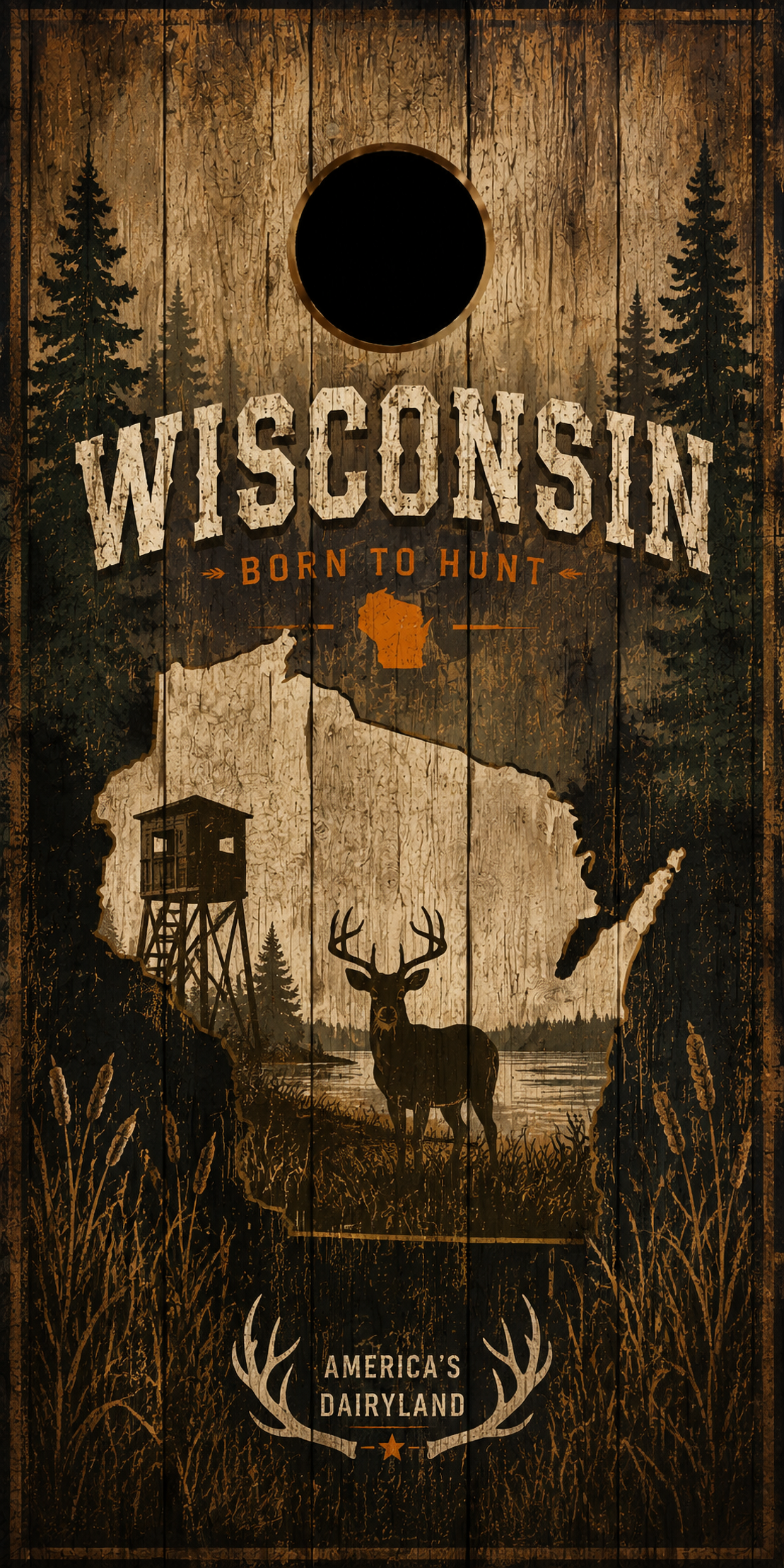 Wisconsin-themed cornhole board with a rustic wood-grain texture, featuring a deer silhouette, hunting stand, trees, and the text 'WISCONSIN BORN TO HUNT' and 'AMERICA'S DAIRYLAND'.