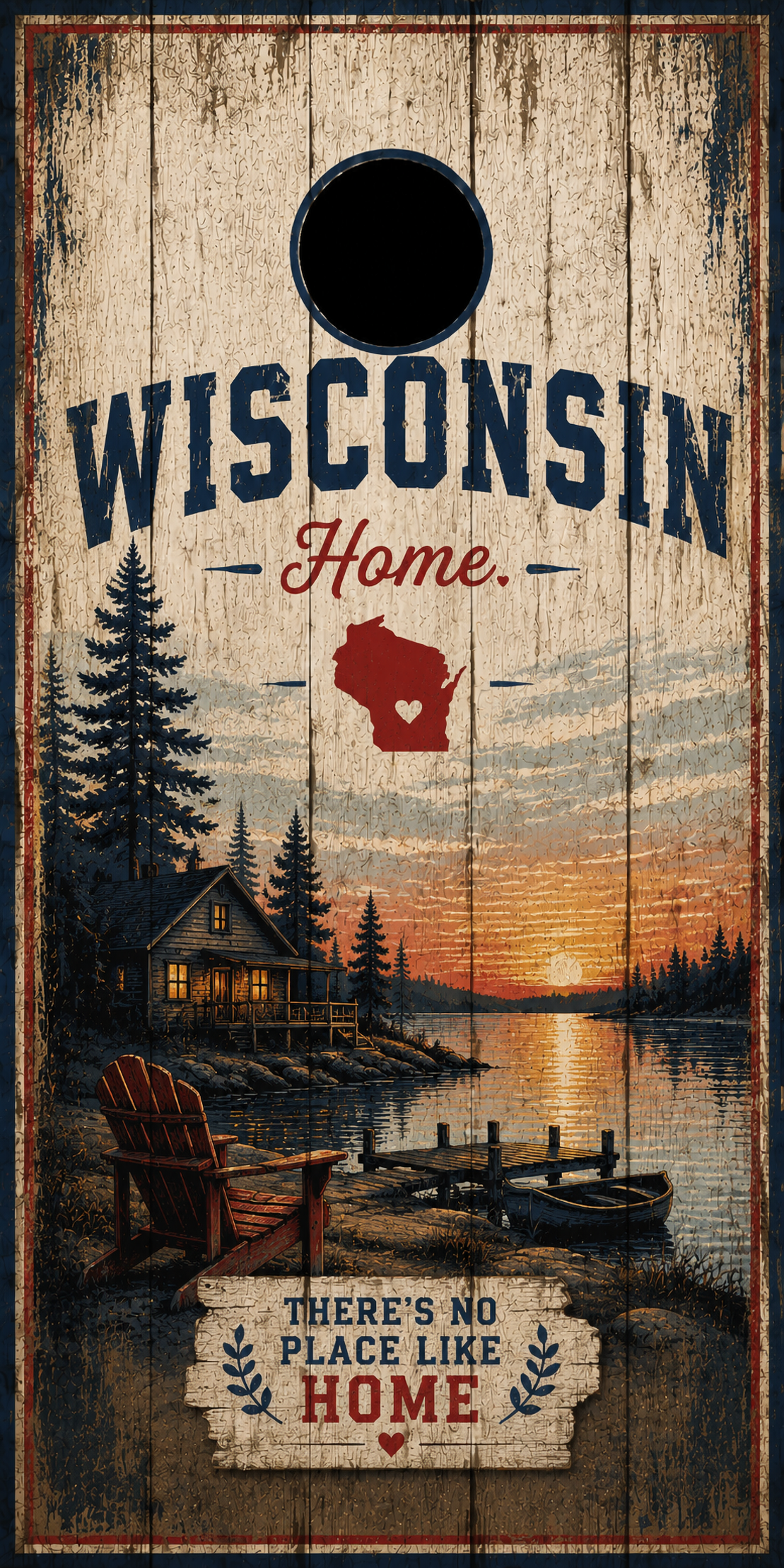 Wisconsin-themed cornhole board with a rustic wood-grain design, featuring a lakeside cabin scene at sunset, the words 'WISCONSIN Home.' and 'THERE'S NO PLACE LIKE HOME,' a red outline of Wisconsin, and a black scoring hole at the top.