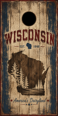 Wisconsin cornhole board with a rustic distressed wood design, featuring the word 'WISCONSIN' in red, the state silhouette in blue, pine trees over a lake in the map of Wisconsin, and 'America's Dairyland' at the bottom.