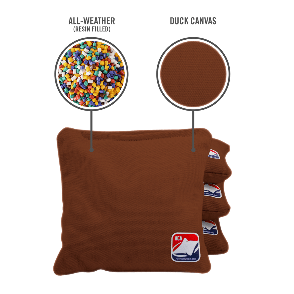 Brown bean bag with colorful bean filling and 'NCA' logo on a green background