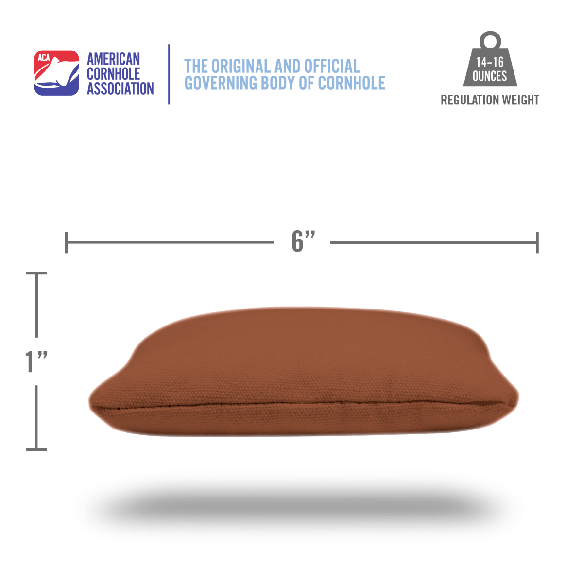 Cornhole bag with dimensions and American Cornhole Association logo on a green background