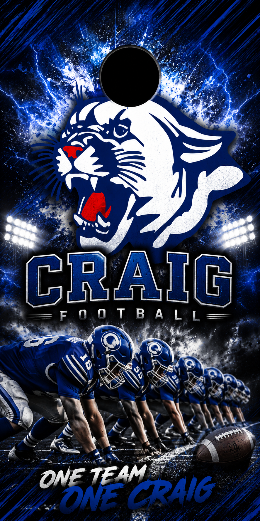 A football-themed graphic with a large white panther mascot head, the text 'CRAIG FOOTBALL,' a row of football players in blue uniforms, and the phrase 'ONE TEAM ONE CRAIG' on a dark blue lightning-streaked background.