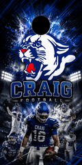A vertical sports graphic for Craig Football featuring a large white panther mascot logo with a red nose, blue stadium lights, the text 'CRAIG FOOTBALL,' and multiple football players in blue and white uniforms. A black oval cutout is near the top center.