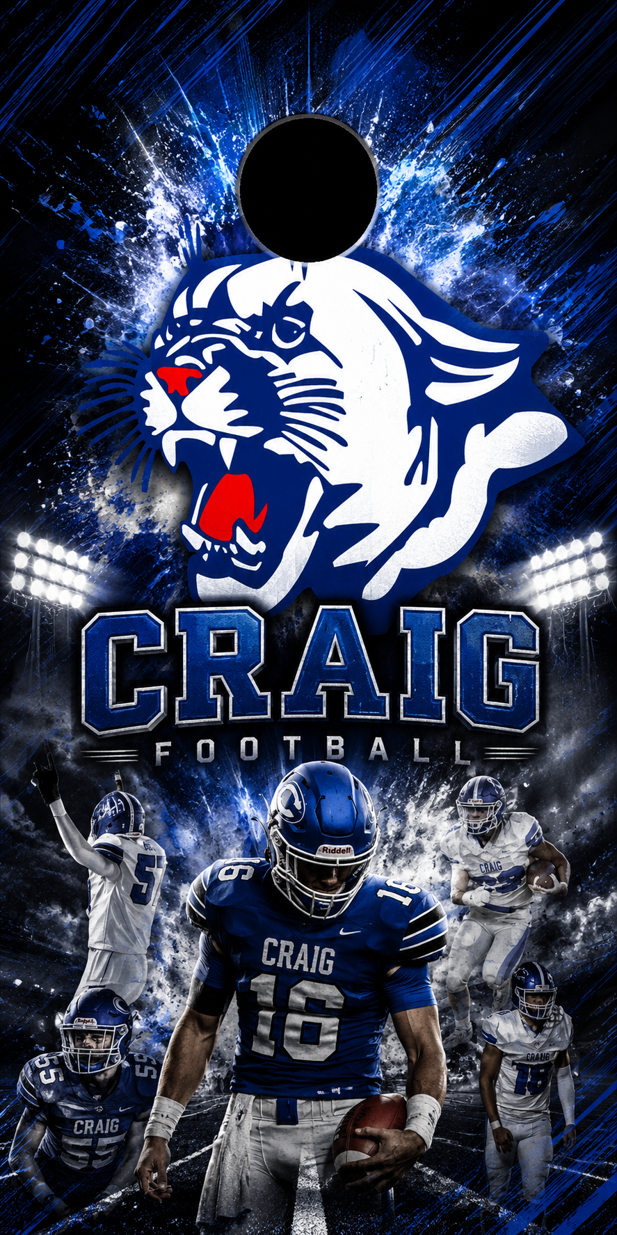 A vertical sports graphic for Craig Football featuring a large white panther mascot logo with a red nose, blue stadium lights, the text 'CRAIG FOOTBALL,' and multiple football players in blue and white uniforms. A black oval cutout is near the top center.