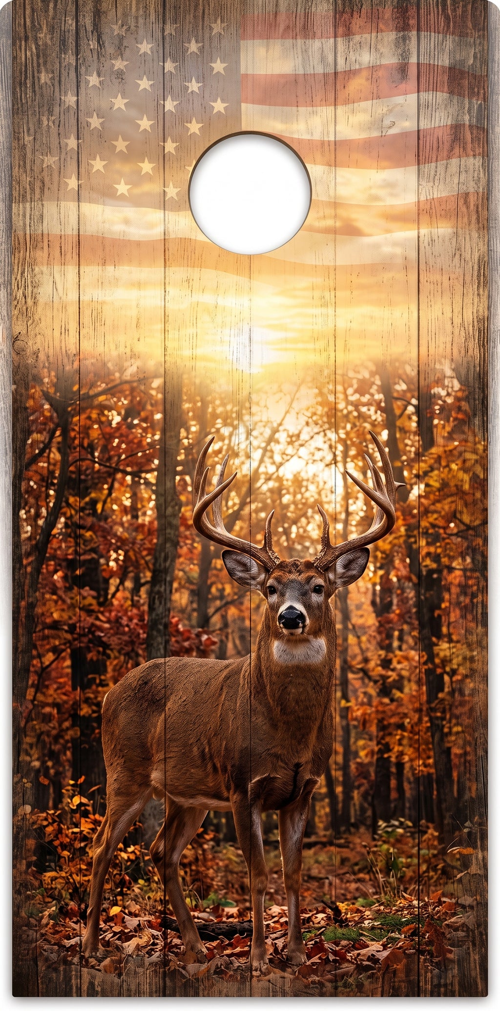 A cornhole board featuring a rustic wood-grain design with an American flag at sunset over an autumn forest and a white-tailed deer in the foreground. A circular hole is cut near the top center.