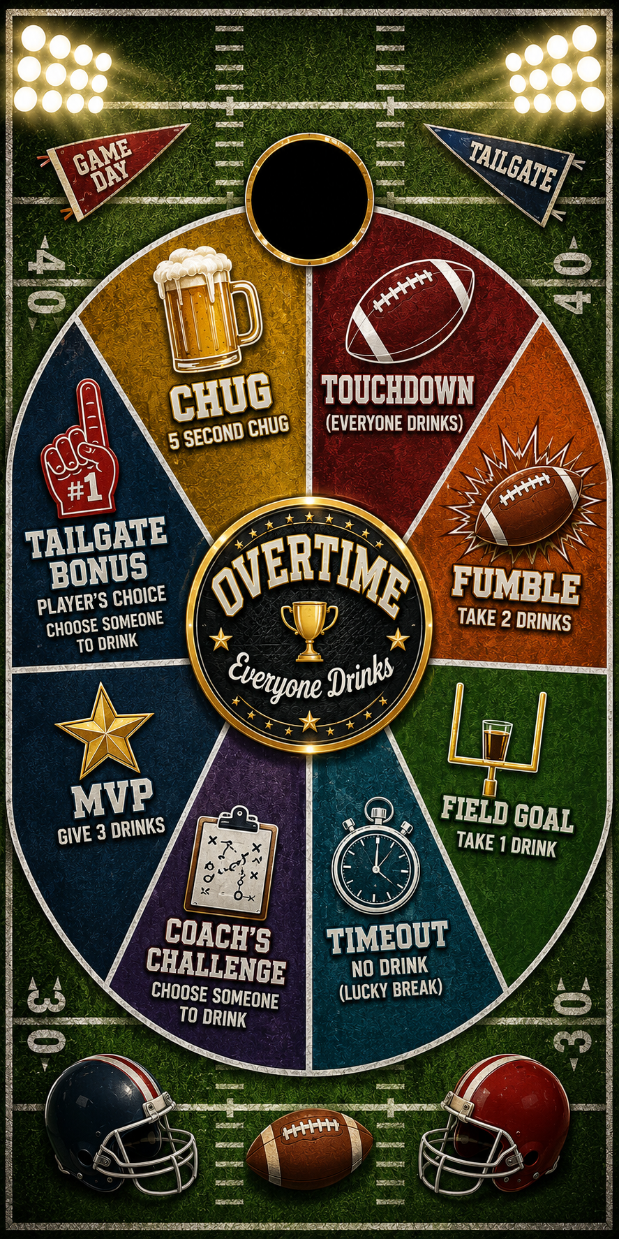 A football-themed board game poster or playmat with a circular game board labeled 'Overtime Everyone Drink.' The design shows a green turf background with stadium lights, footballs, helmets, and sections for game calls like Chug, Touchdown, Fumble, MVP, Timeout, and Field Goal.