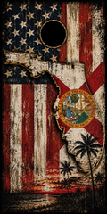 A rustic Florida-themed decorative graphic with a distressed American flag background, a large silhouette of Florida, the Florida state seal, palm tree silhouettes, and a circular black hole-like shape near the top, presented as the product artwork itself.