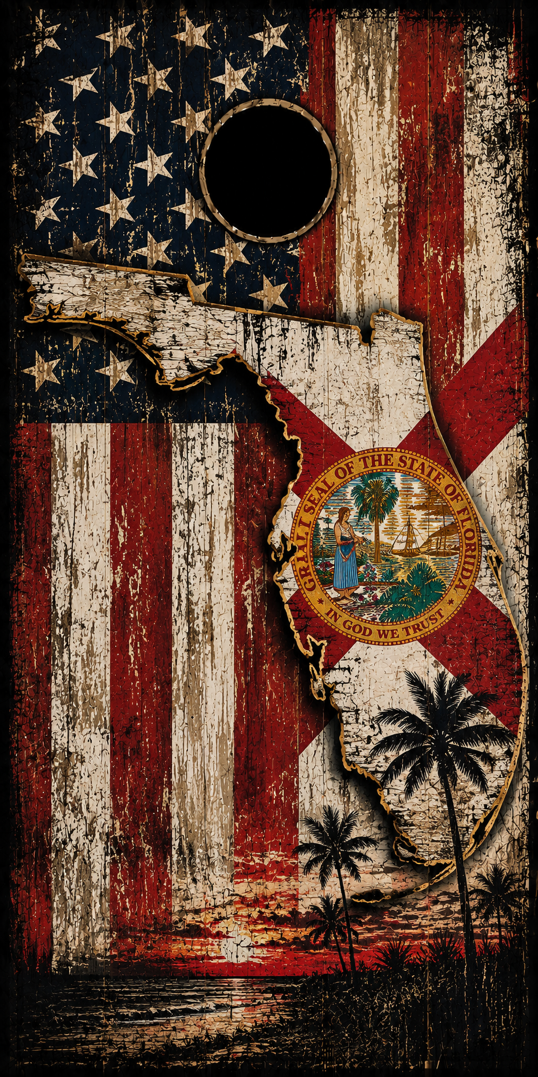 A rustic Florida-themed decorative graphic with a distressed American flag background, a large silhouette of Florida, the Florida state seal, palm tree silhouettes, and a circular black hole-like shape near the top, presented as the product artwork itself.