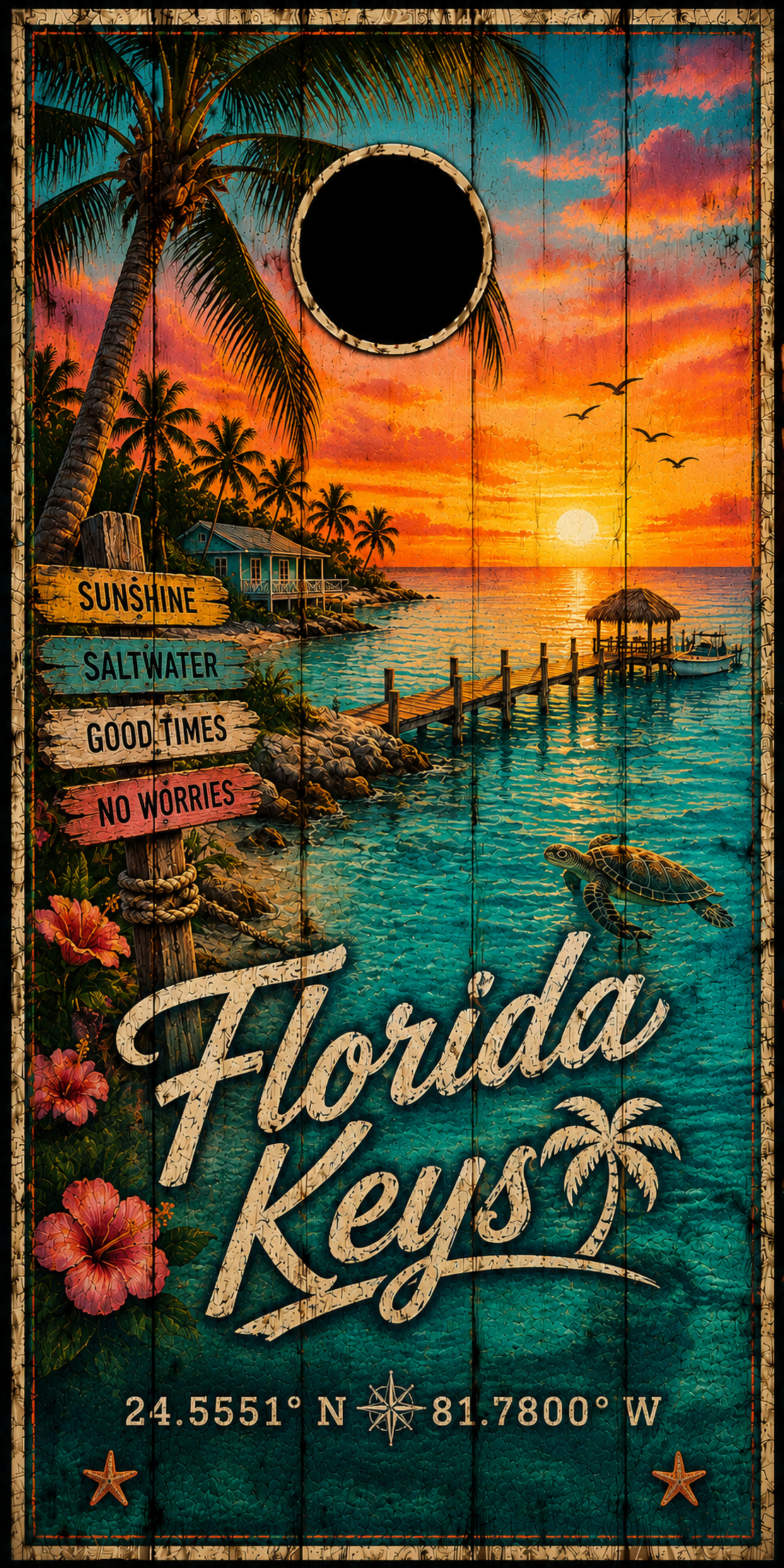 A rustic wooden-style sign or poster featuring a tropical Florida Keys sunset scene with palm trees, turquoise water, a pier, a turtle, flowers, directional signposts, and large stylized text reading 'Florida Keys' with coordinates at the bottom.