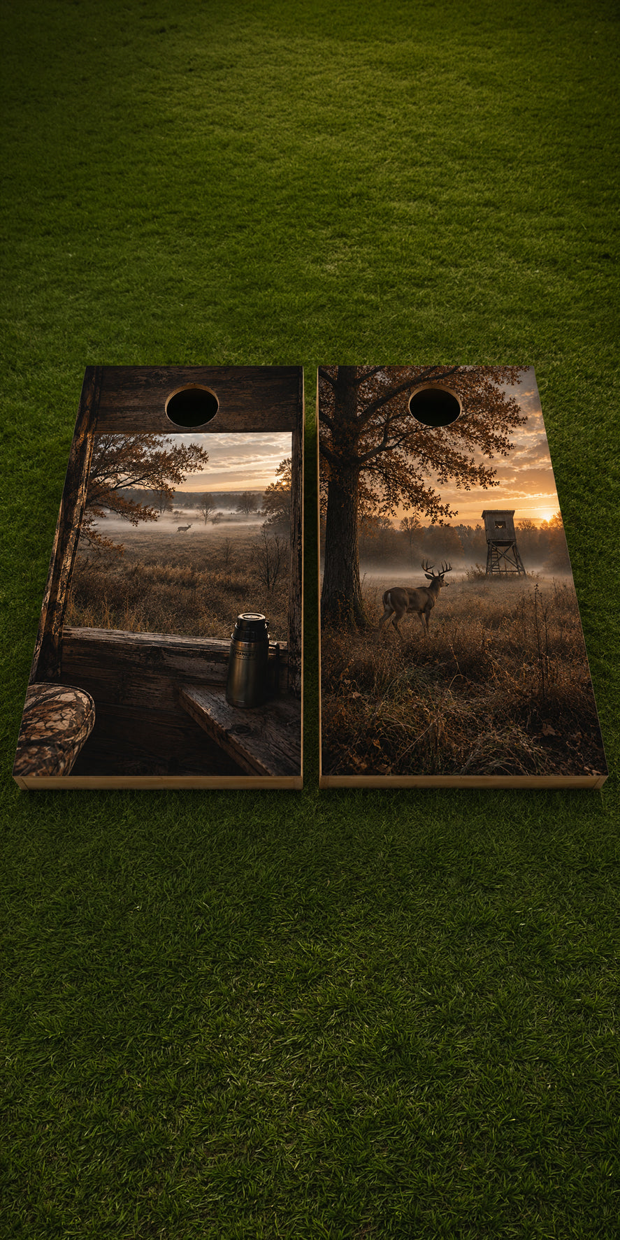 Two cornhole boards with a rustic forest and sunrise landscape print, displayed side-by-side on a green grass background.