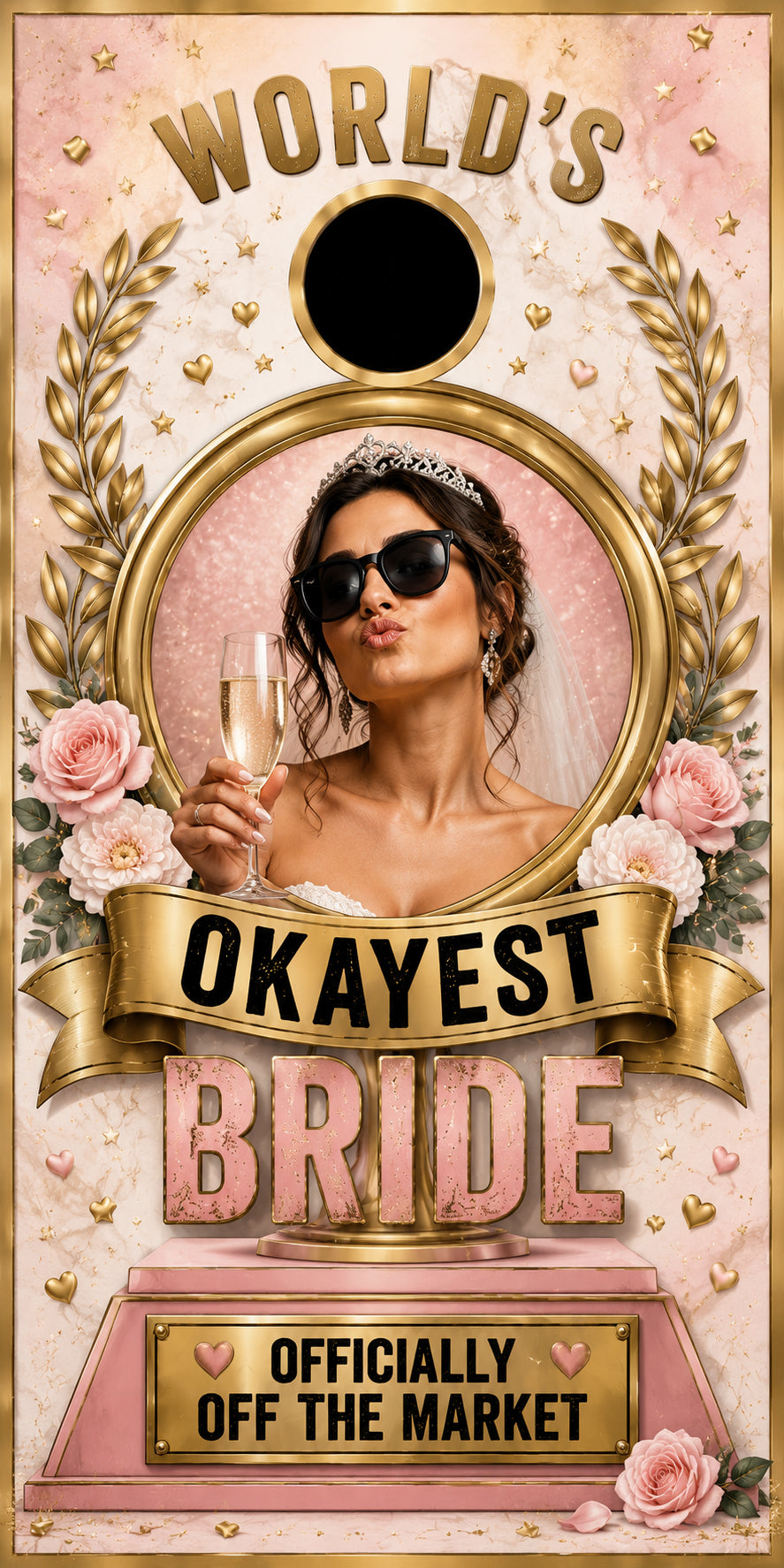 Personalized World's Okayest Bride cornhole board wrap with custom photo trophy design and Officially Off the Market plaque.