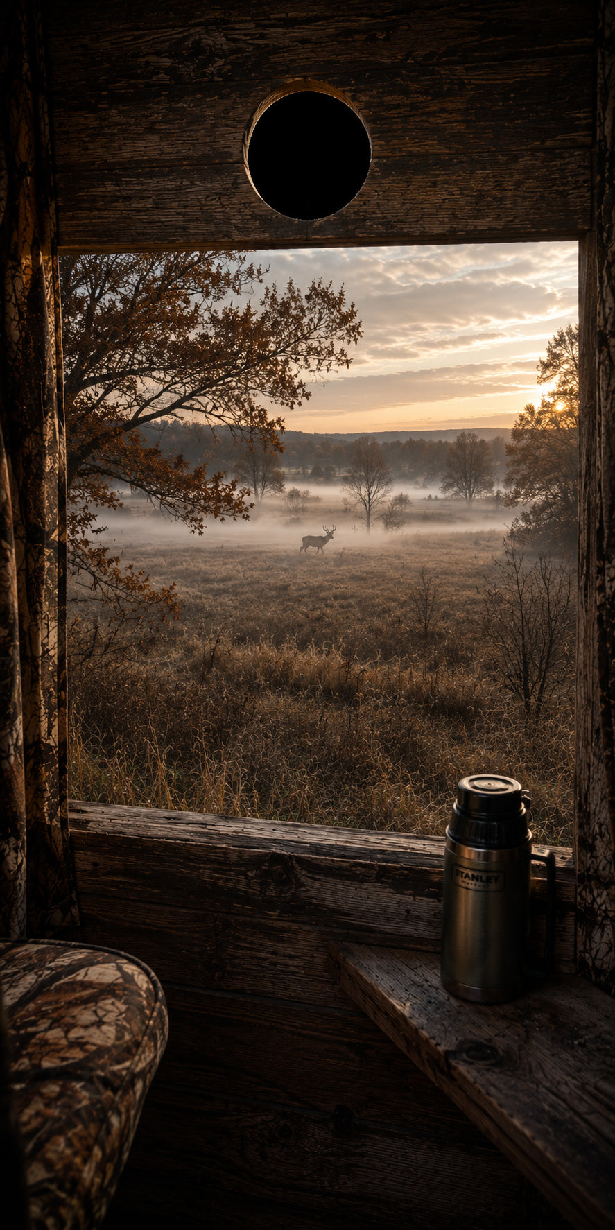 A rustic wooden cabin interior looking out onto a misty grassy field at sunrise, with a deer in the distance and a metal thermos on the windowsill.
