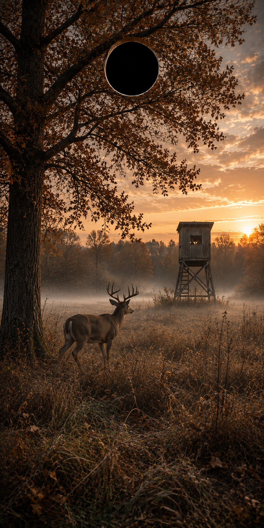 A misty autumn forest scene at sunrise with a deer standing near a large tree and a wooden hunting stand in the background. A black circular shape obscures part of the upper center of the frame.