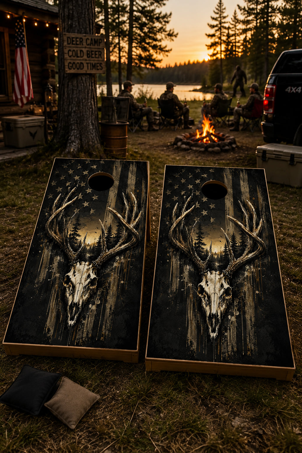 Two cornhole boards with a rustic deer skull and antler design over a distressed American flag and forest sunset print, set on grass at a lakeside campsite with a fire pit and people in the background.