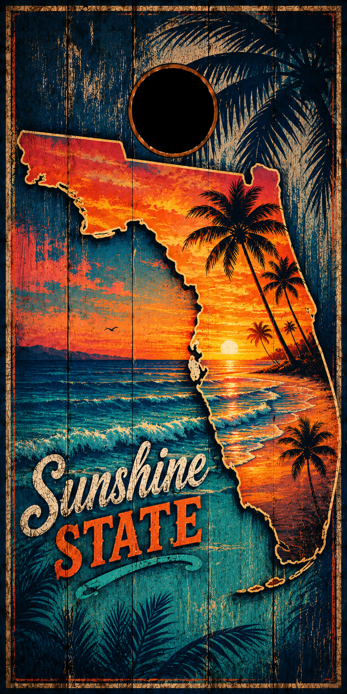 A Florida-themed cornhole board with a map-shaped design showing a tropical sunset over the ocean, palm trees, and the words 'Sunshine State.' A circular hole is visible near the top center.