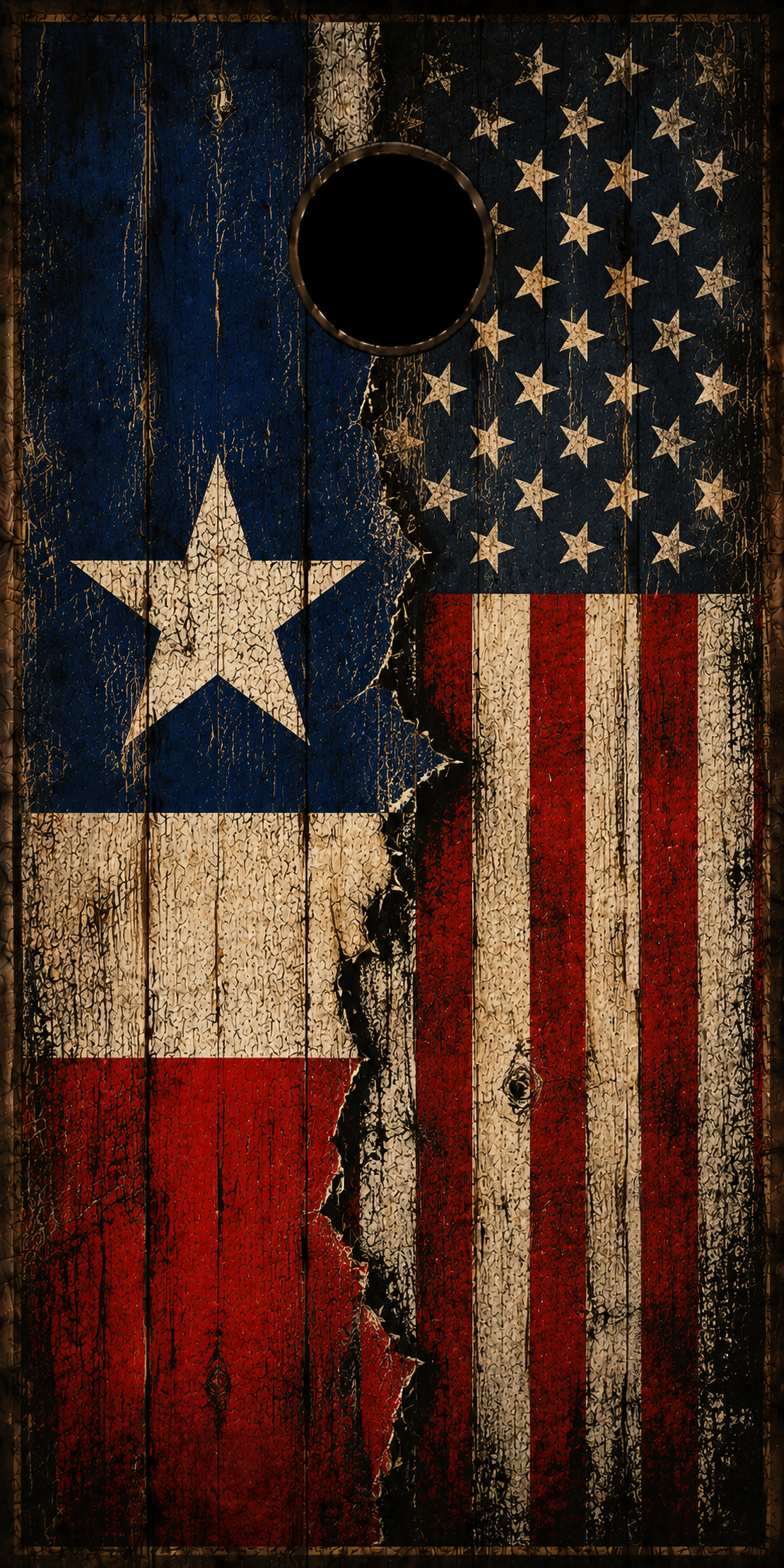 Rustic wooden cornhole board featuring a distressed Texas flag design split with an American flag pattern, with a circular hole near the top center.