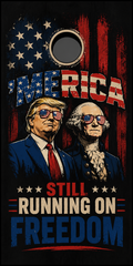 A rectangular graphic print or poster with a distressed American flag background, featuring two suited figures wearing sunglasses, large stylized text reading 'AMERICA' and 'STILL RUNNING ON FREEDOM,' and a circular cutout near the top center.