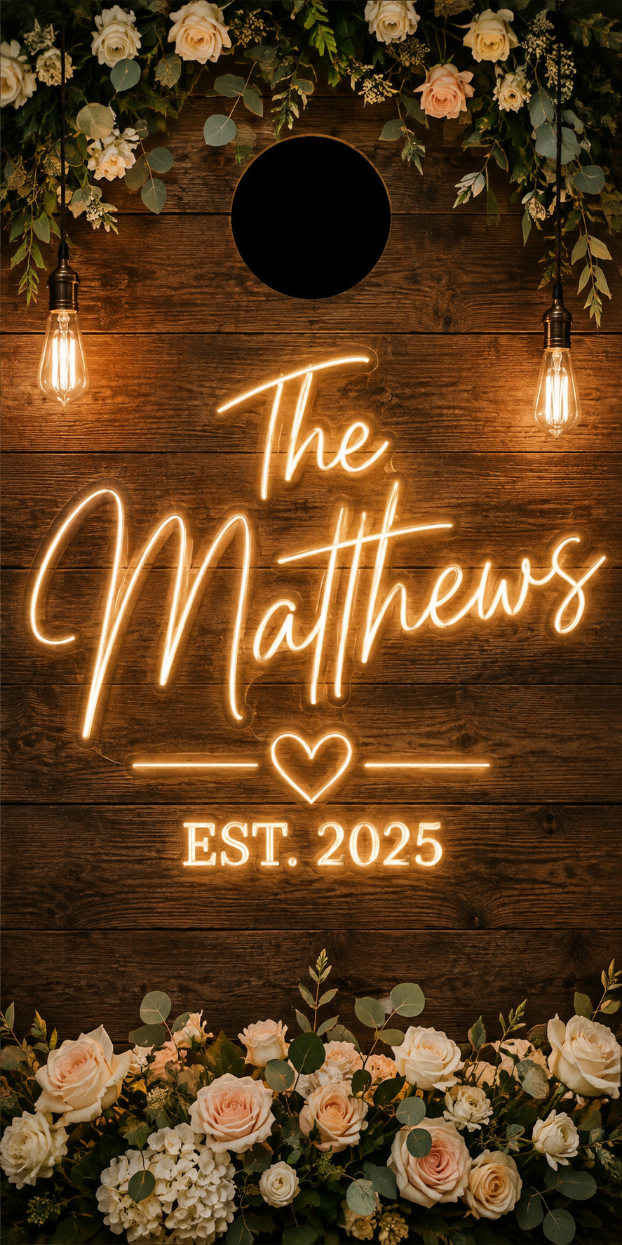 A personalized wooden wall sign with a warm glowing neon-style script reading 'The Matthews' and 'EST. 2025' beneath a small heart.