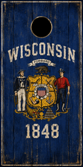 Wisconsin cornhole board with a distressed blue wood-grain background, featuring the state coat of arms, the words 'WISCONSIN FORWARD', and '1848' in white, with a circular hole near the top.